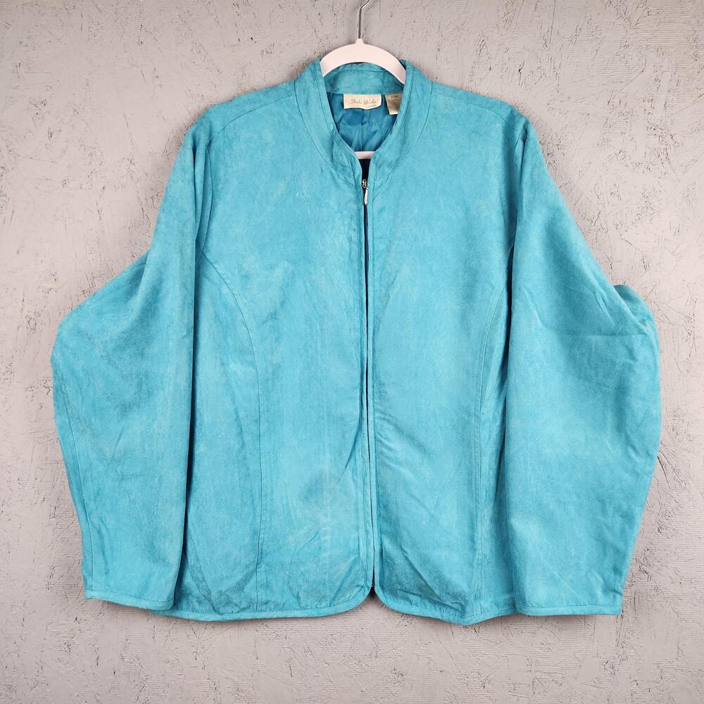 Studio Works Jacket Womens 22W Blue Faux Suede Zip Front Lined Mandarin Collar